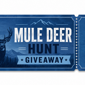 Mule deer hunt giveaway ticket design with a blue background and deer illustration.