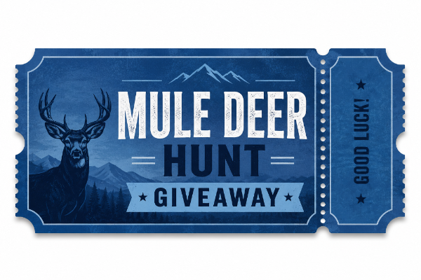 Mule deer hunt giveaway ticket design with a blue background and deer illustration.